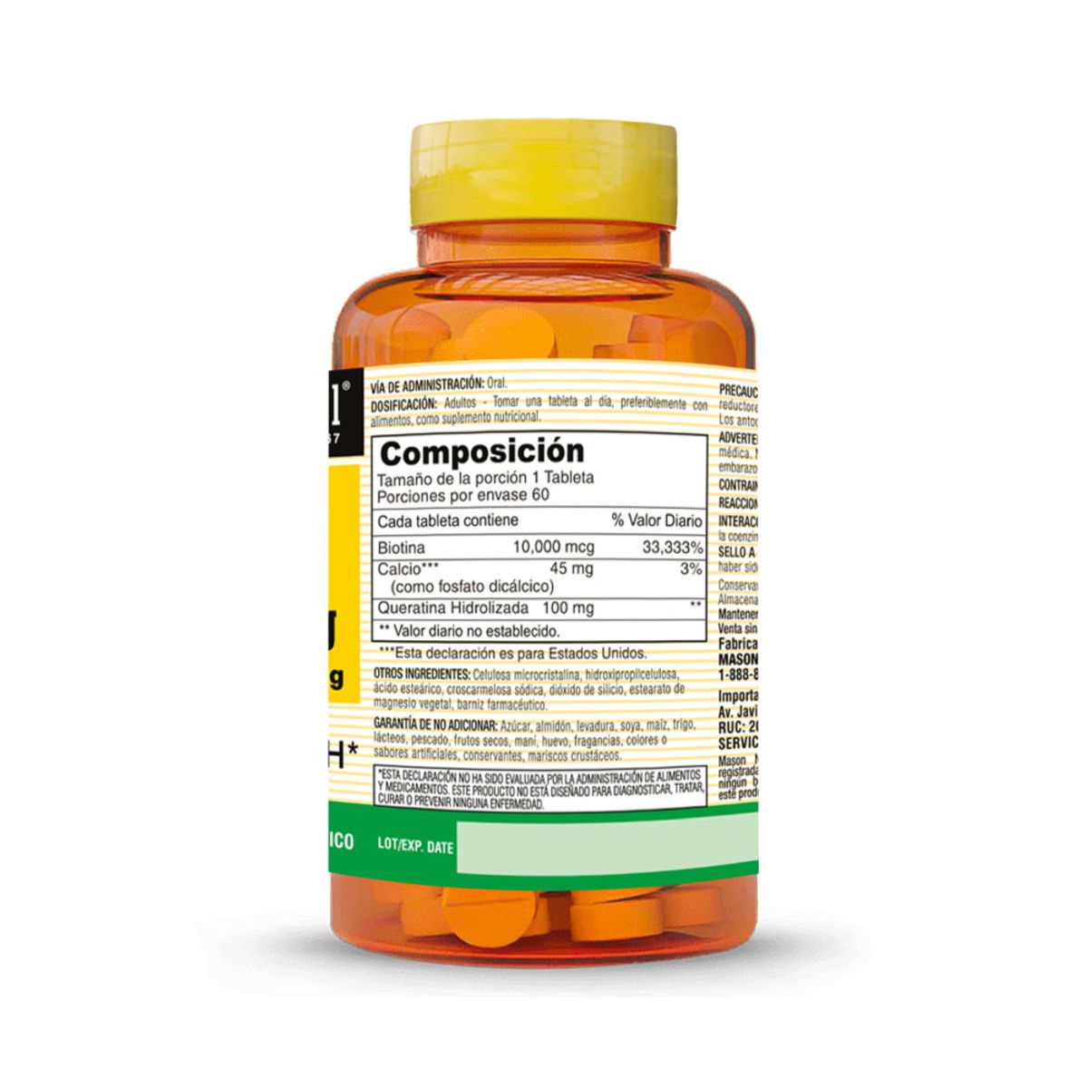 MASON NATURAL - Biotina 10,000 Plus Keratina 100 MG - Mason Natural - 60 Tabletas