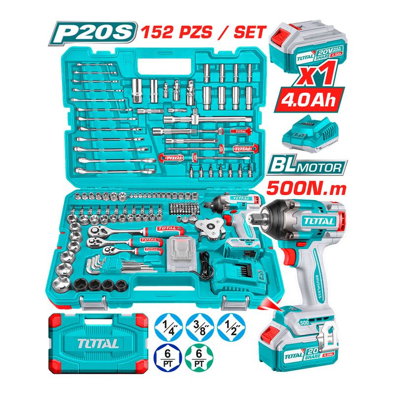 TOTAL TOOLS - COMBO LLAVE IMPACTO 1/2” 500NM + KIT + 152 DADOS + ACCESORIOS