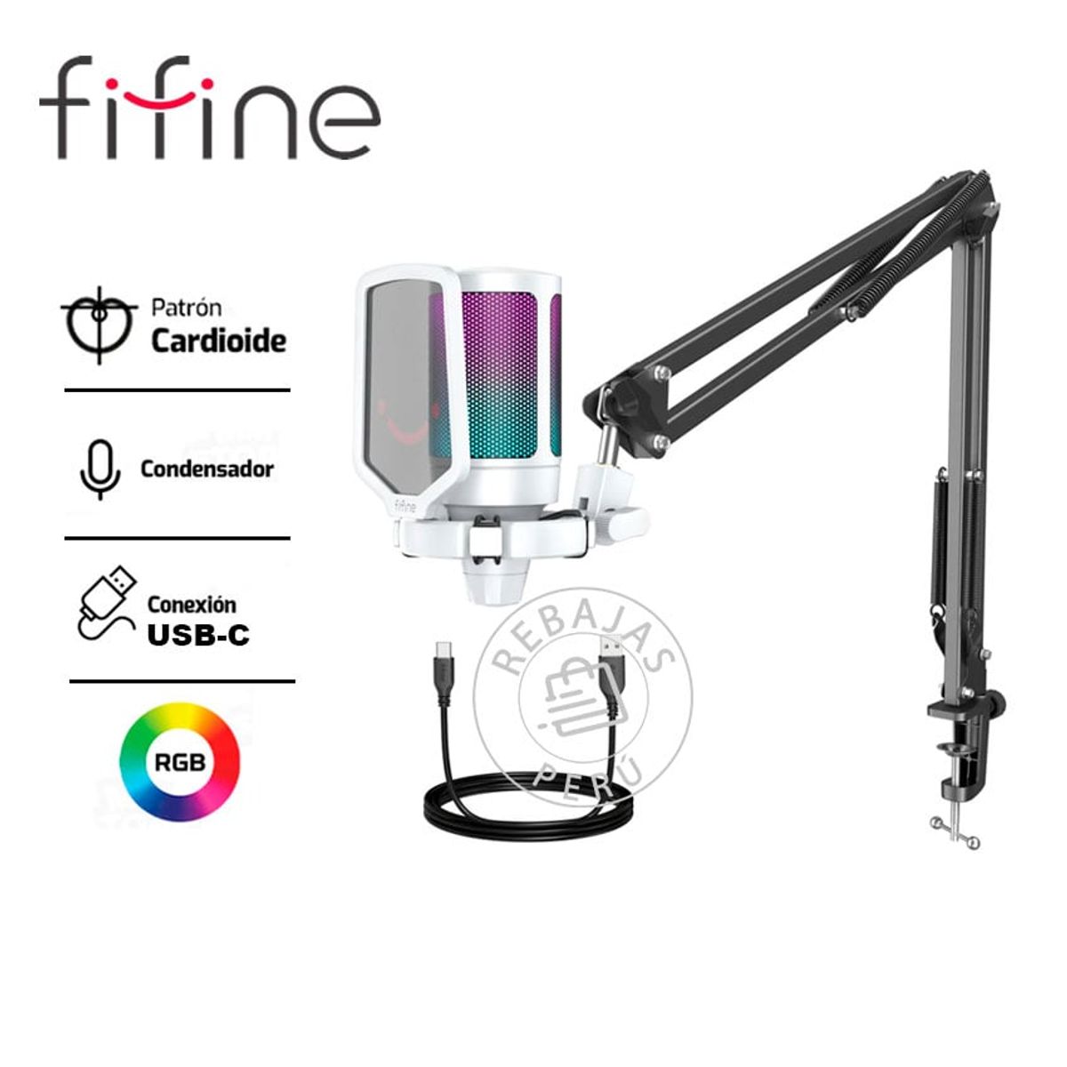 FIFINE - Micrófono Fifine A6T RGB Blanco Condensador Brazo Mute y Antipop