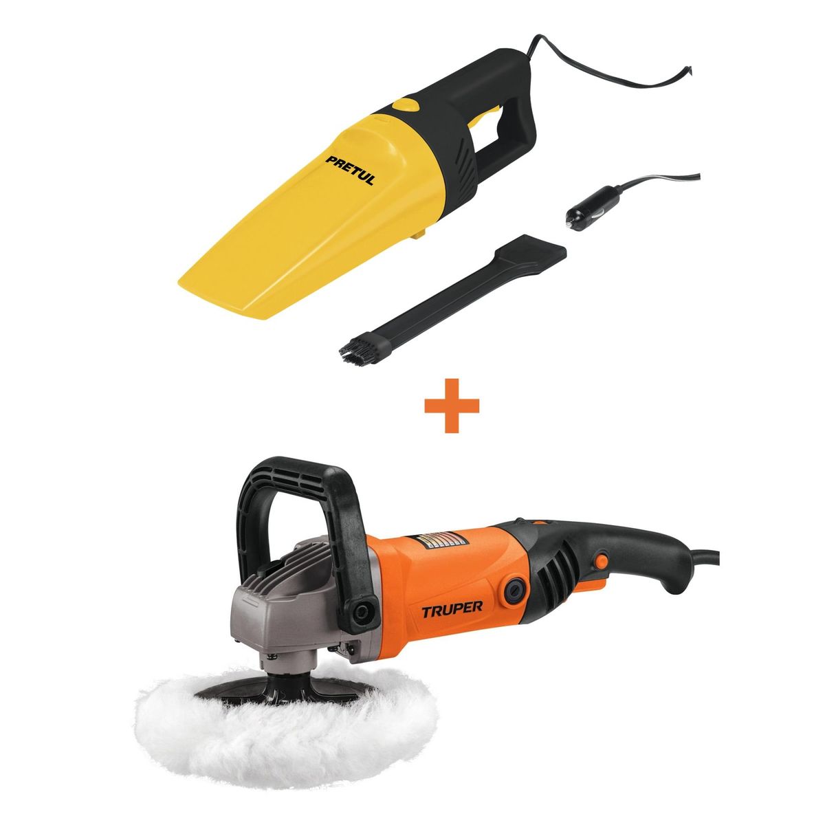 TRUPER - Pulidora orbital 1200W 7P Aspiradora para auto 12v COMBO