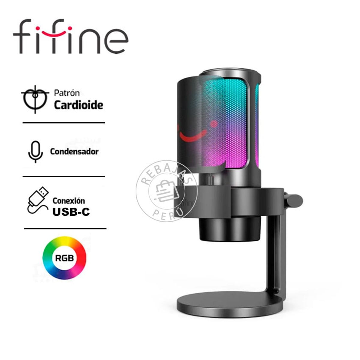 FIFINE - Micrófono Fifine A8 RGB Negro  Condensador, Trípode, Mute y Antipop