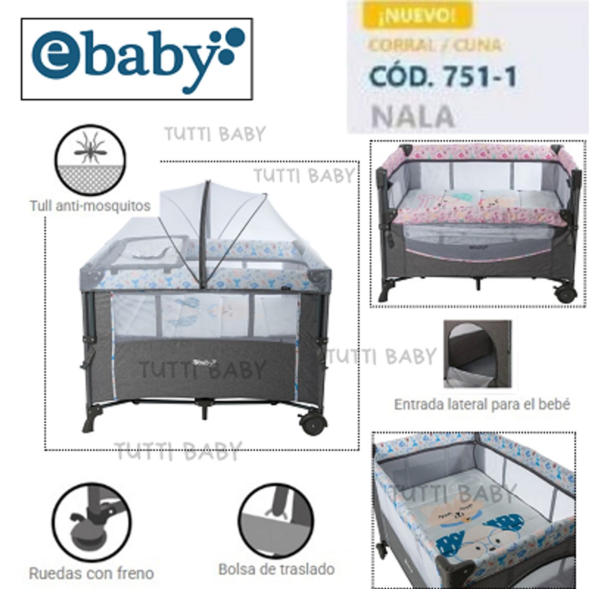 EBABY - CUNA CORRAL CON CAMBIADOR NALA  GRIS/CELESTE