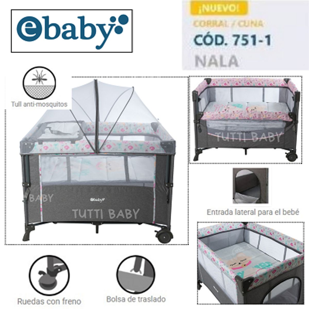 EBABY - CUNA CORRAL CON CAMBIADOR NALA  GRIS/ROSADO