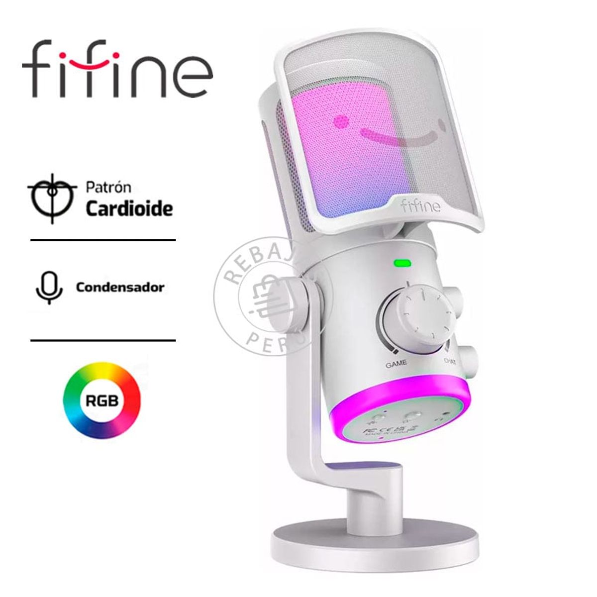 FIFINE - Micrófono Fifine AM6 Blanco USB  Cardioide, RGB, Brazo y Filtro Antipop