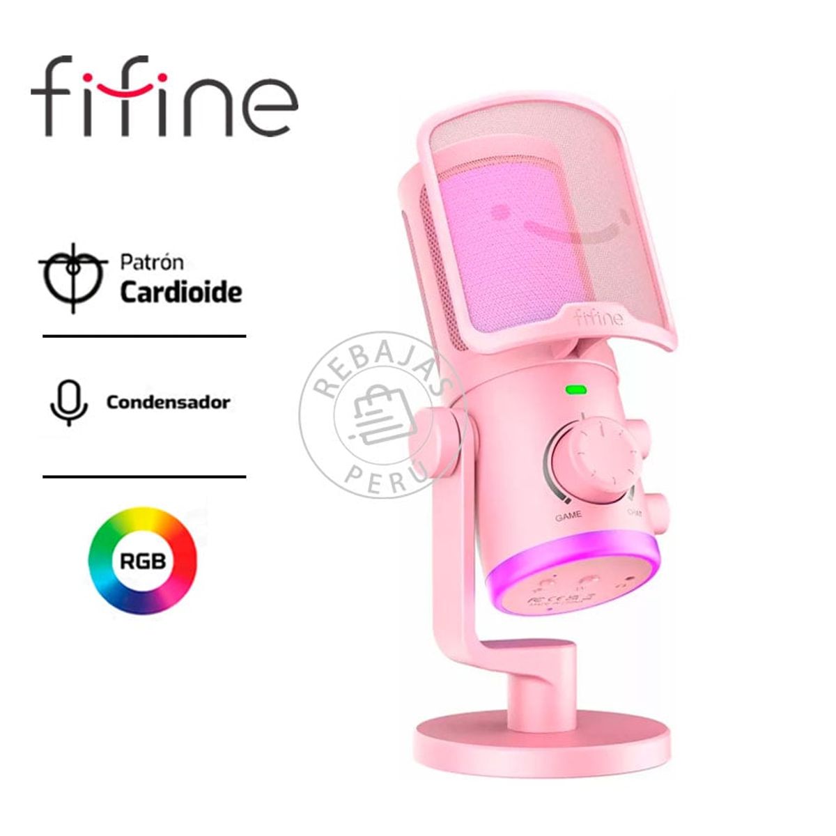 FIFINE - Micrófono Fifine AM6 Rosado USB Cardioide RGB Brazo y Filtro Antipop