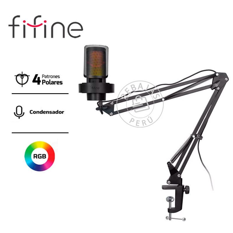 FIFINE - Micrófono Fifine A8T Black USB  4 Patrones, RGB, Brazo y Filtro
