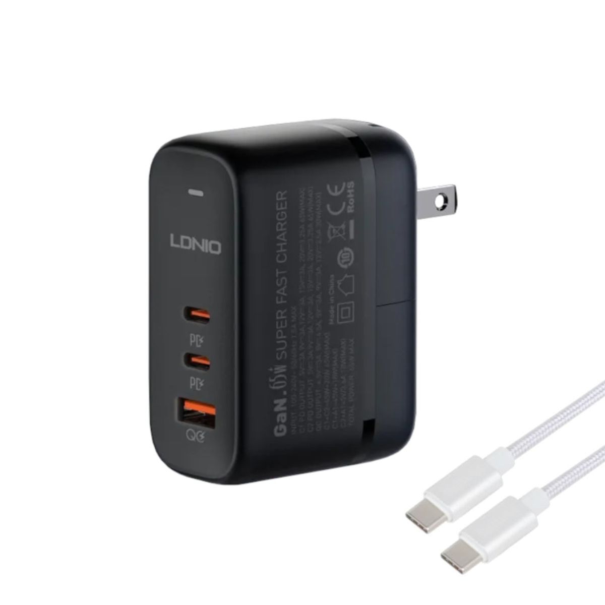 LDNIO - Cargador de 65W Ultra Rápido Ldnio Q366 Incluye Cable tipo C y Plugs