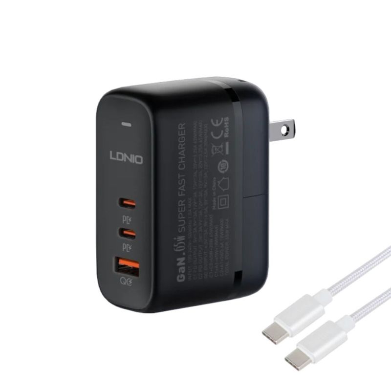 LDNIO - Cargador de 65W Ultra Rápido Ldnio Q366 Incluye Cable tipo C y Plugs