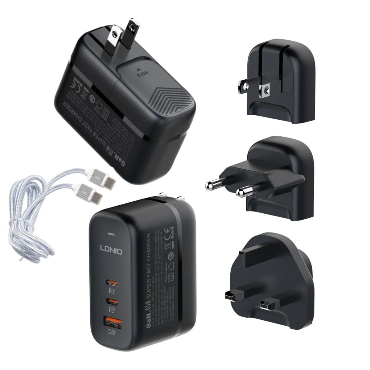 LDNIO - Cargador de 65W Ultra Rápido Ldnio Q366 Incluye Cable tipo C y Plugs