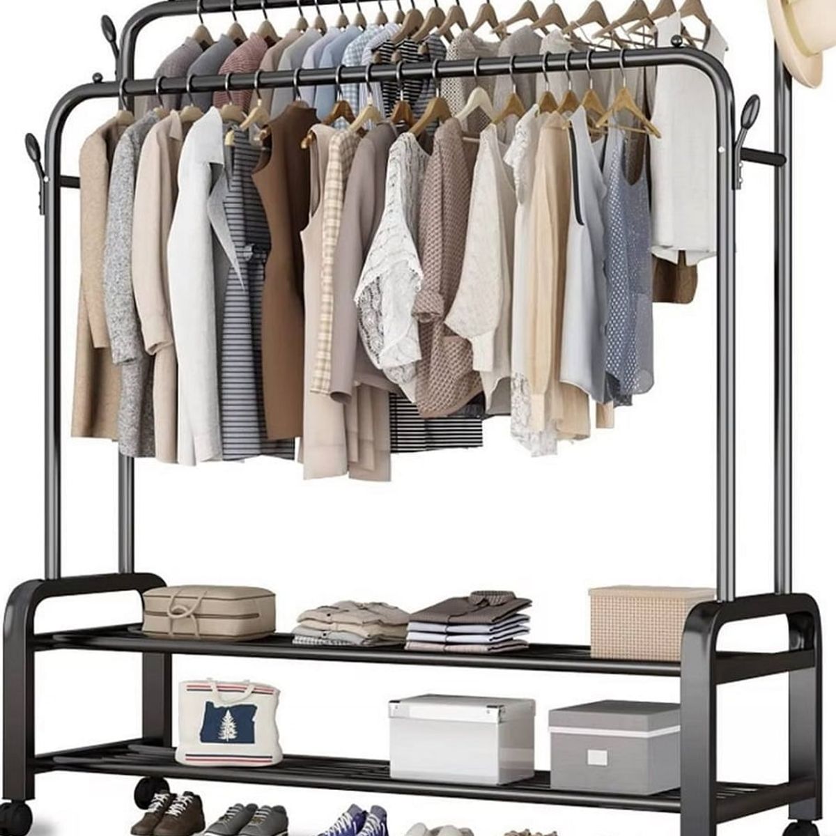 GENERICO - PERCHERO COLGADOR DOBLE ORGANIZADOR DE 2 REPISAS CON RUEDAS PREMIUM