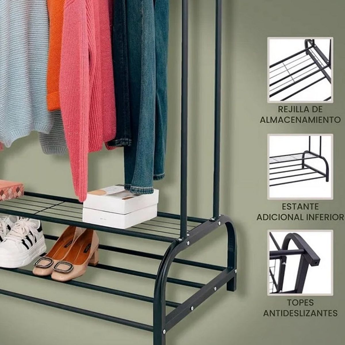 GENERICO - PERCHERO COLGADOR DOBLE ORGANIZADOR DE 2 REPISAS CON RUEDAS PREMIUM