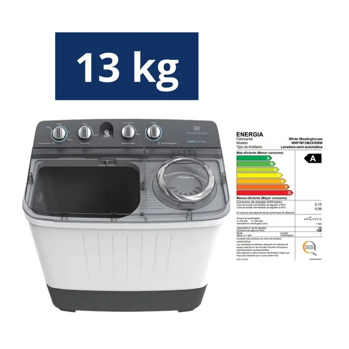 WESTINGHOUSE - avadora Semiautomatica 2 Tinas Blanco 13Kg White-Westinghouse