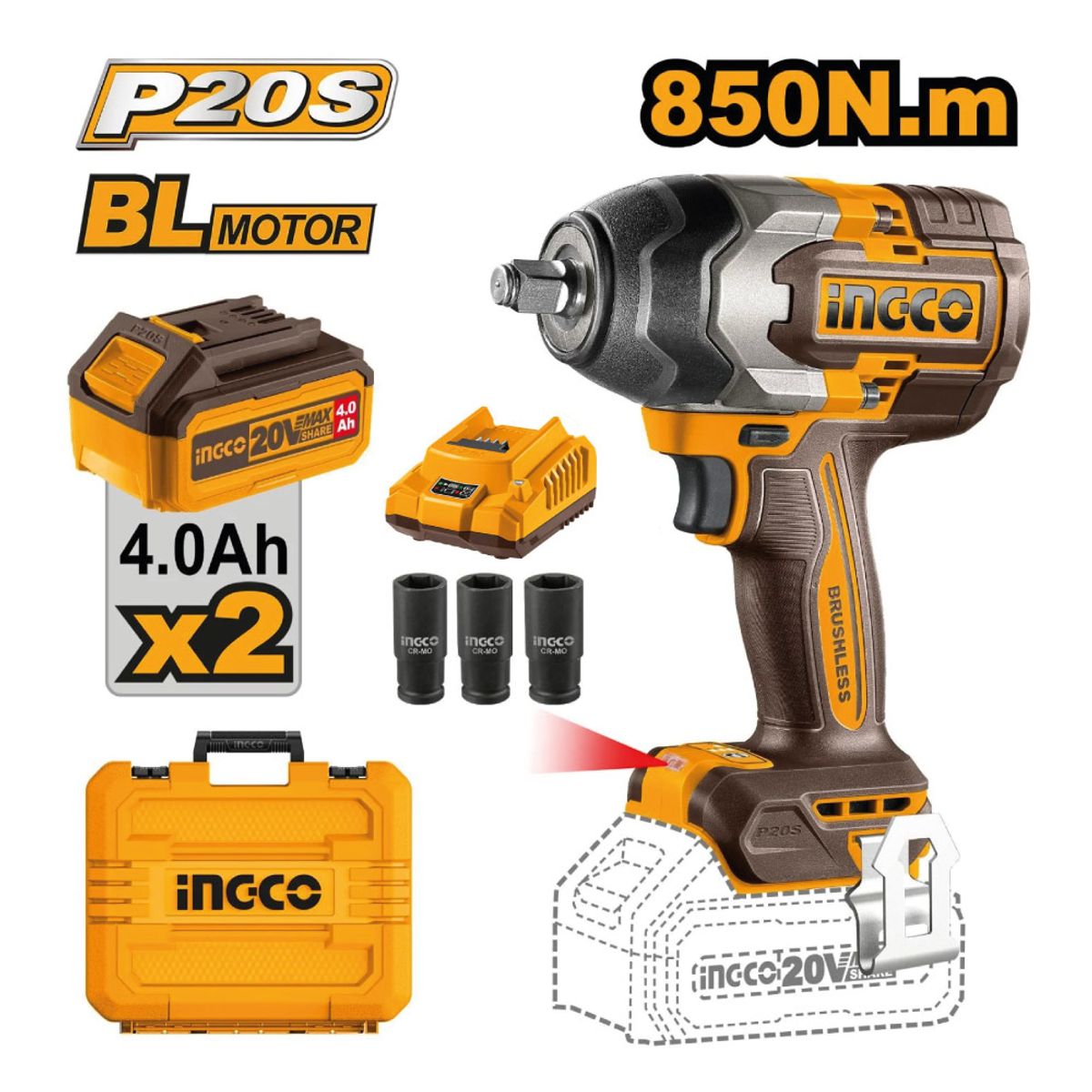 INGCO TOOLS - LLAVE IMPACTO BRUSHLESS INGCO 20V 850NM + 2 BATERÍAS 4.0AH CIWLI2085