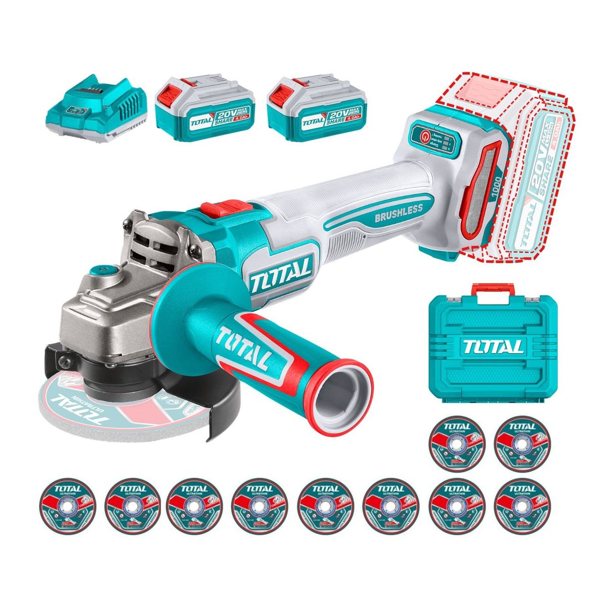 TOTAL TOOLS - Amoladora 4½" 20V + 2 baterías 4ah y cargador Total