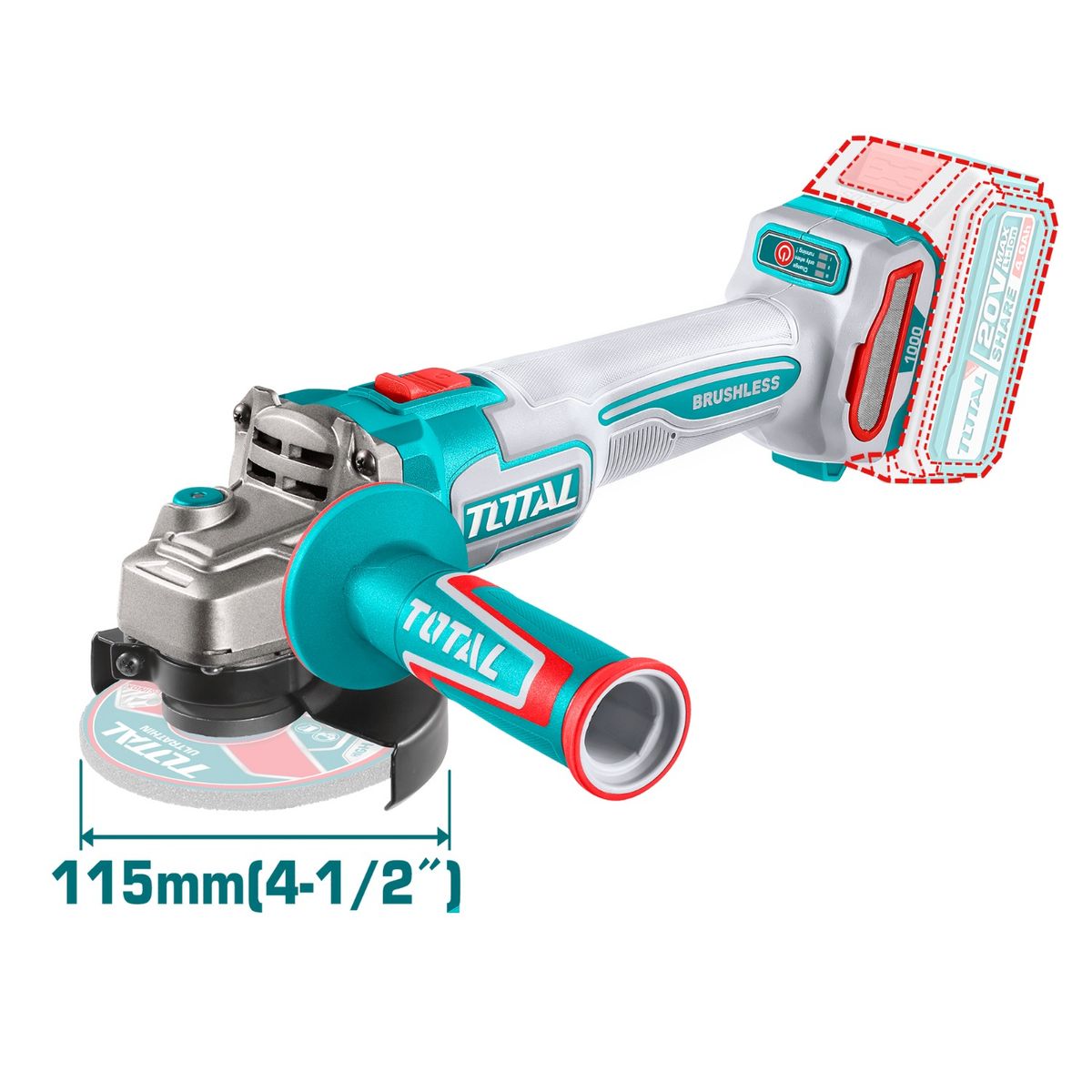 TOTAL TOOLS - Amoladora 4½" 20V + 2 baterías 4ah y cargador Total