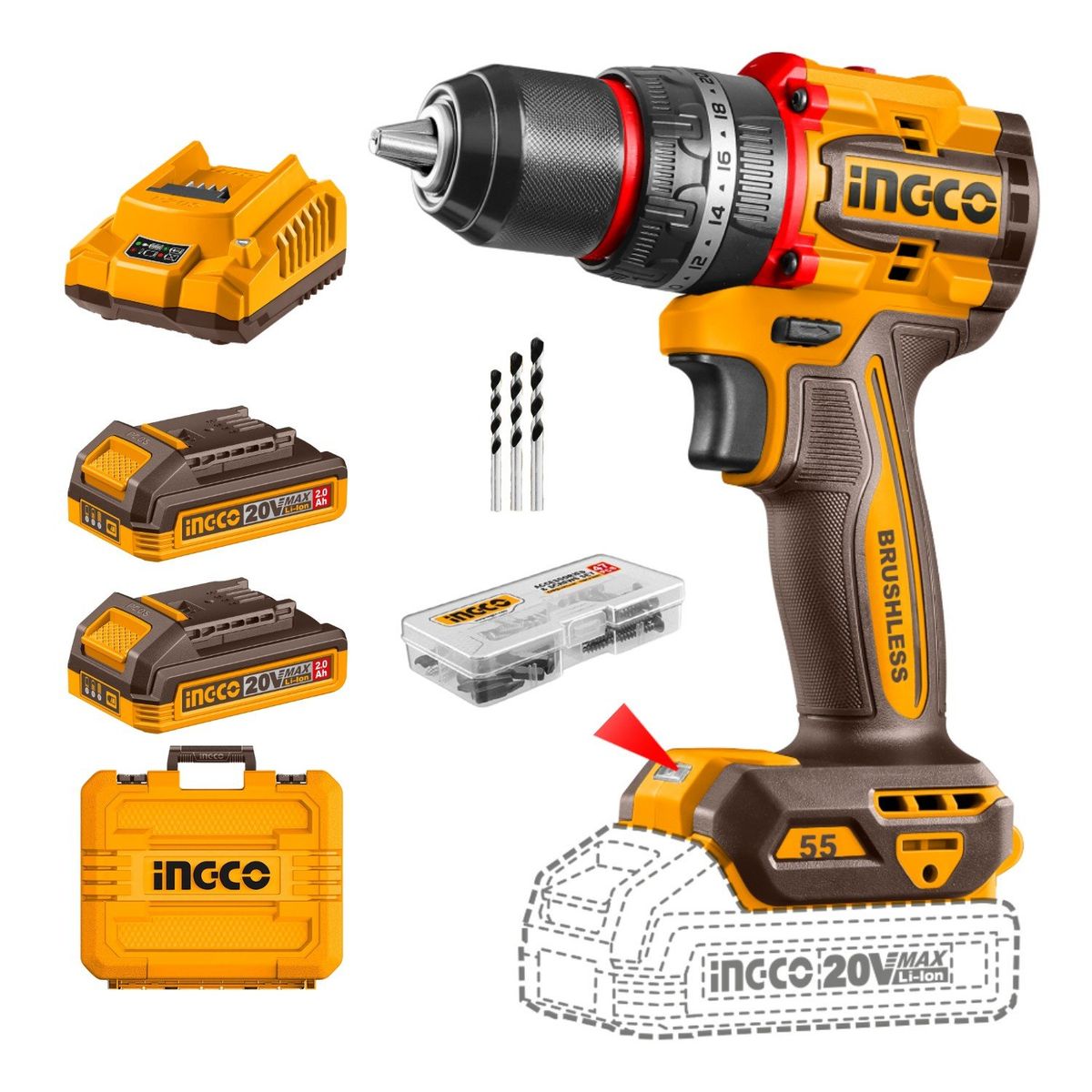 INGCO TOOLS - Taladro percutor 55nm + 2 baterías 2ah y cargador Ingco