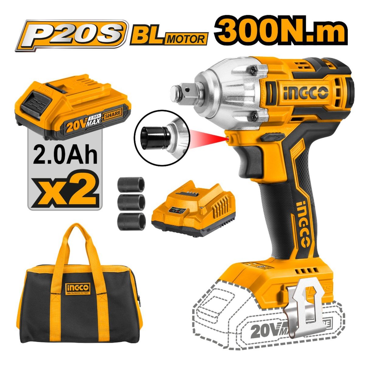 INGCO TOOLS - LLAVE DE IMPACTO 20V 300NM BRUSHLESS INALAMBRICA INGCO