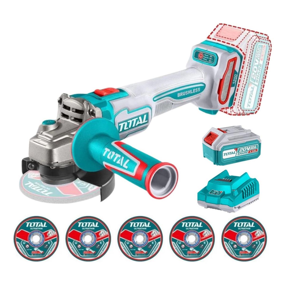 TOTAL TOOLS - Amoladora inalámbrica 4½ incluye batería y cargador Total