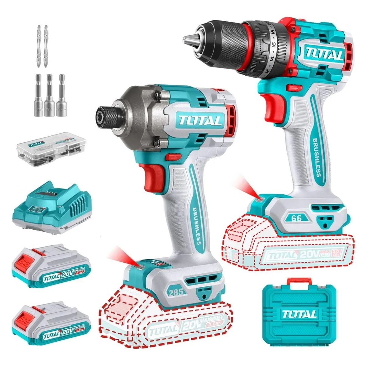 TOTAL TOOLS - Combo taladro percutor 66nm + atornillador de impacto 285nm Total