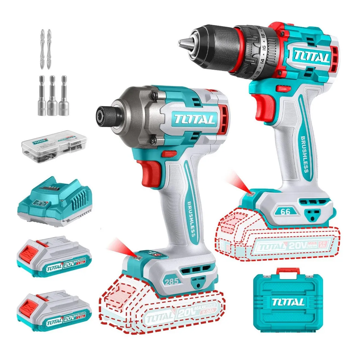 TOTAL TOOLS - Combo taladro percutor 66nm + atornillador de impacto 285nm Total