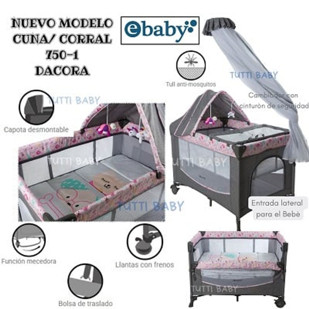 EBABY - CUNA CORRAL CON COLECHO Y MECEDORA - DACORA ROSADO