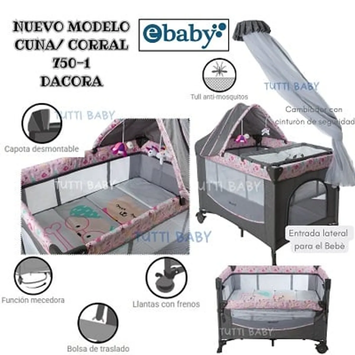 EBABY - CUNA CORRAL CON COLECHO Y MECEDORA - DACORA ROSADO