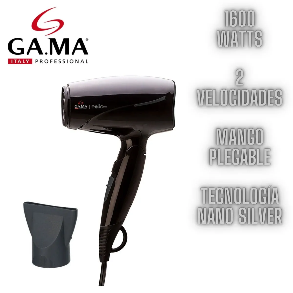 GAMA - Secadora Gama 1622 EOLIC Mini Ceramic Ion 1600W Negro