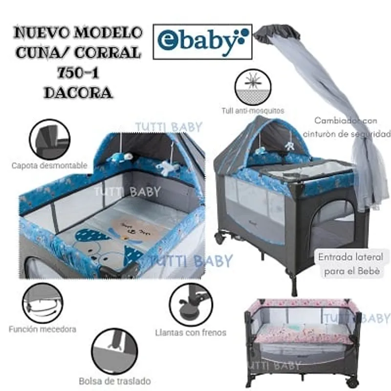 EBABY - CUNA CORRAL CON COLECHO Y MECEDORA - DACORA CELESTE