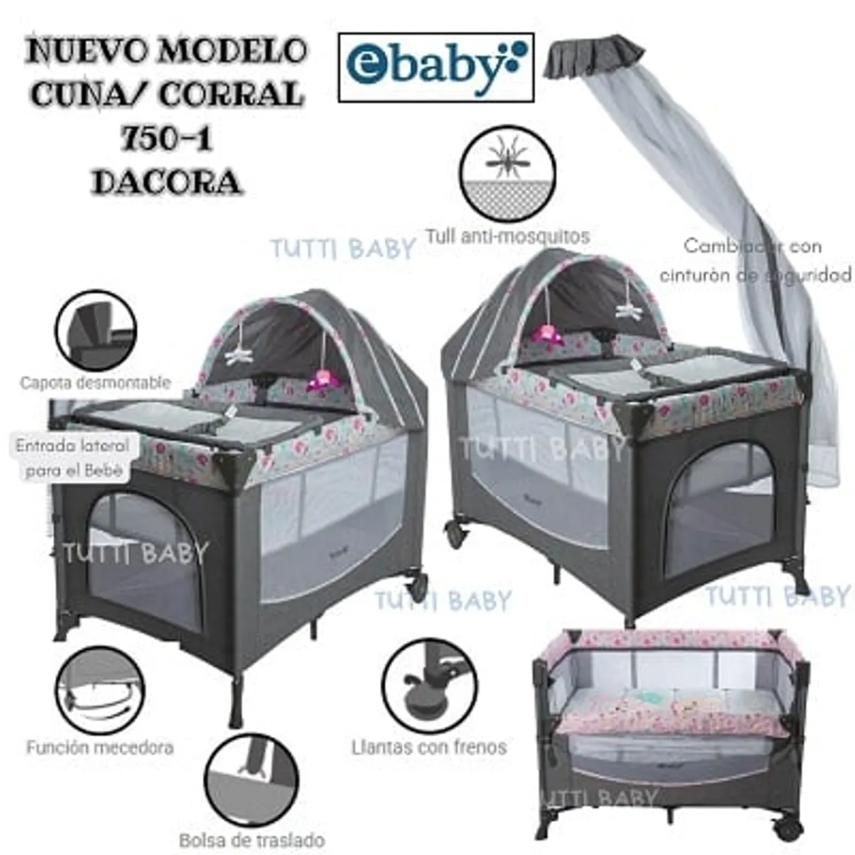 EBABY - CUNA CORRAL CON COLECHO Y MECEDORA - DACORA GRIS ROSADO