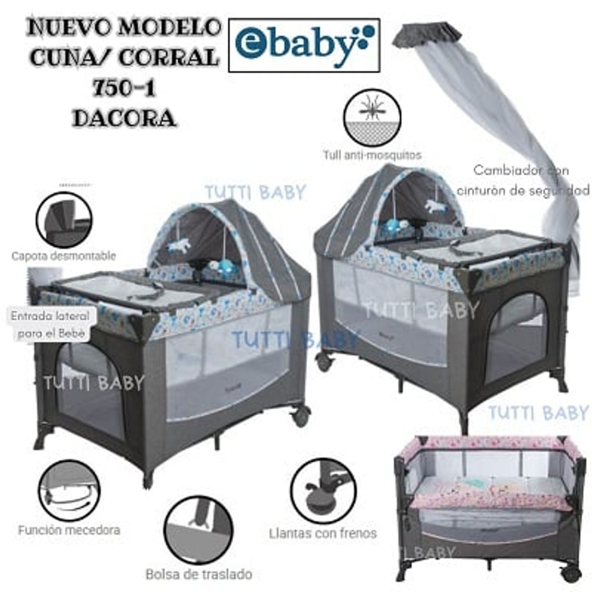 EBABY - CUNA CORRAL CON COLECHO Y MECEDORA - DACORA GRIS CELESTE