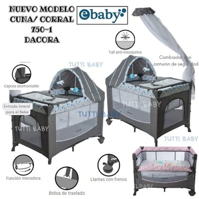 EBABY - CUNA CORRAL CON COLECHO Y MECEDORA - DACORA GRIS CELESTE