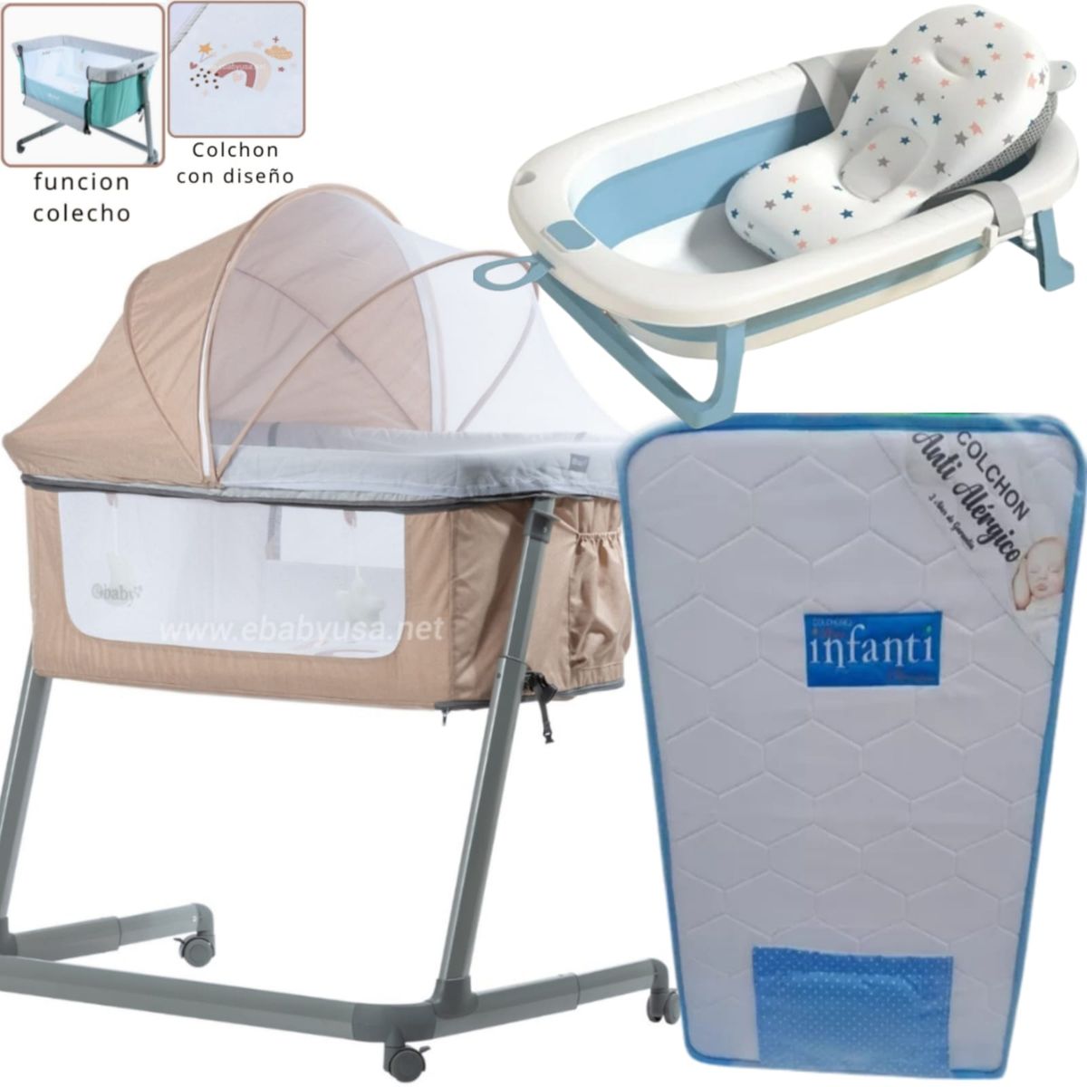 EBABY - Cuna Colecho MARION + Colchón para cuna CELESTE+TINA CELESTE