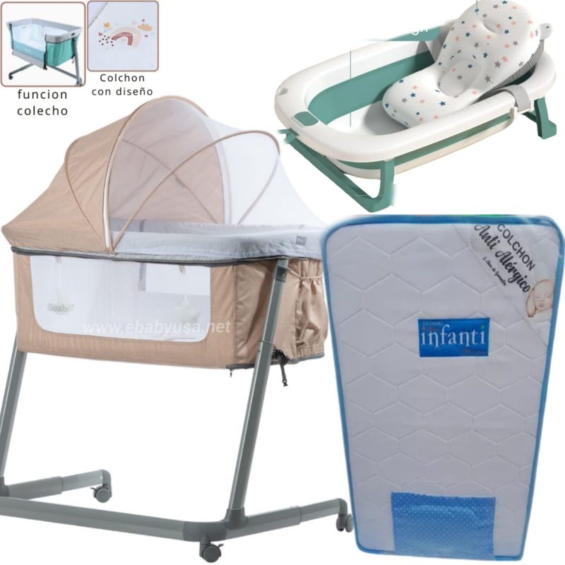 EBABY - Cuna Colecho MARION+ Colchón para cuna CELESTE + TINA VERDE