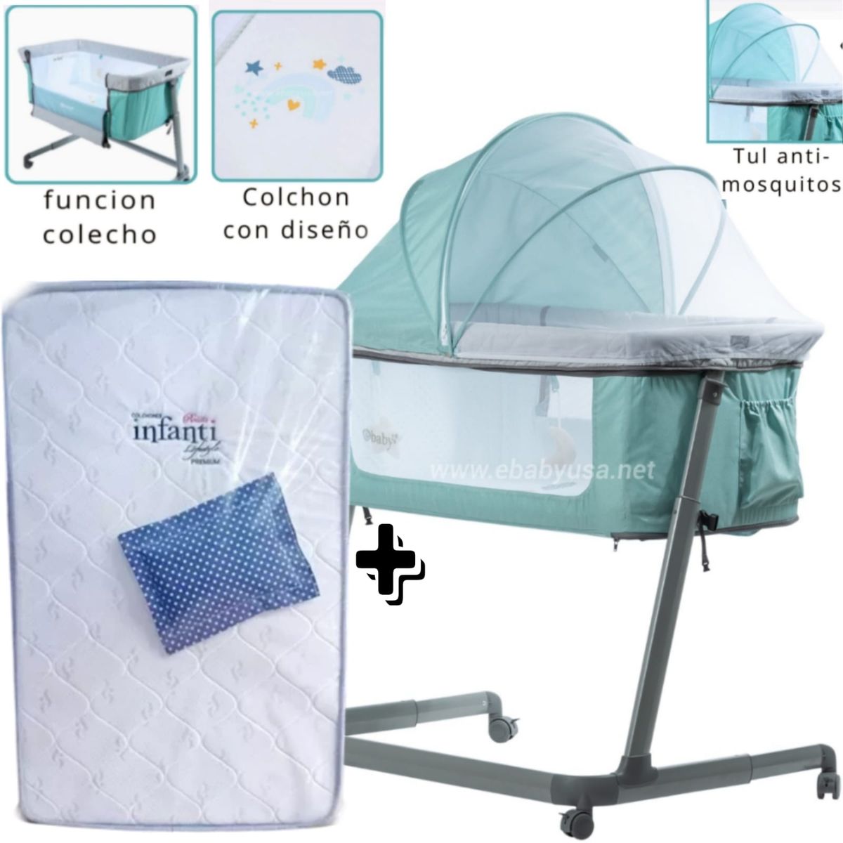 EBABY - Cuna Colecho MARION VERDE + Colchón para cuna AZUL
