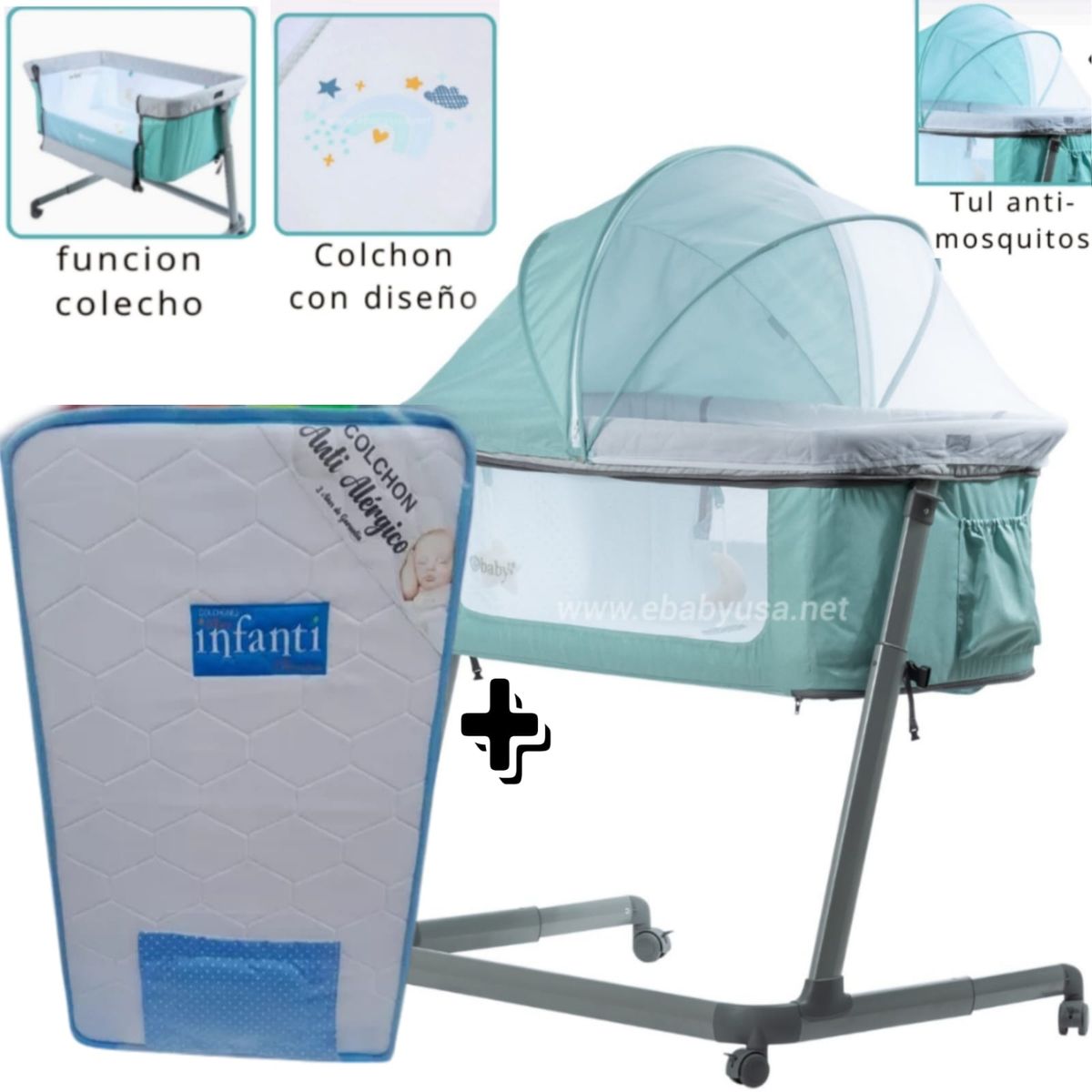 EBABY - Cuna Colecho MARION VERDE+ Colchón para cuna CELESTE