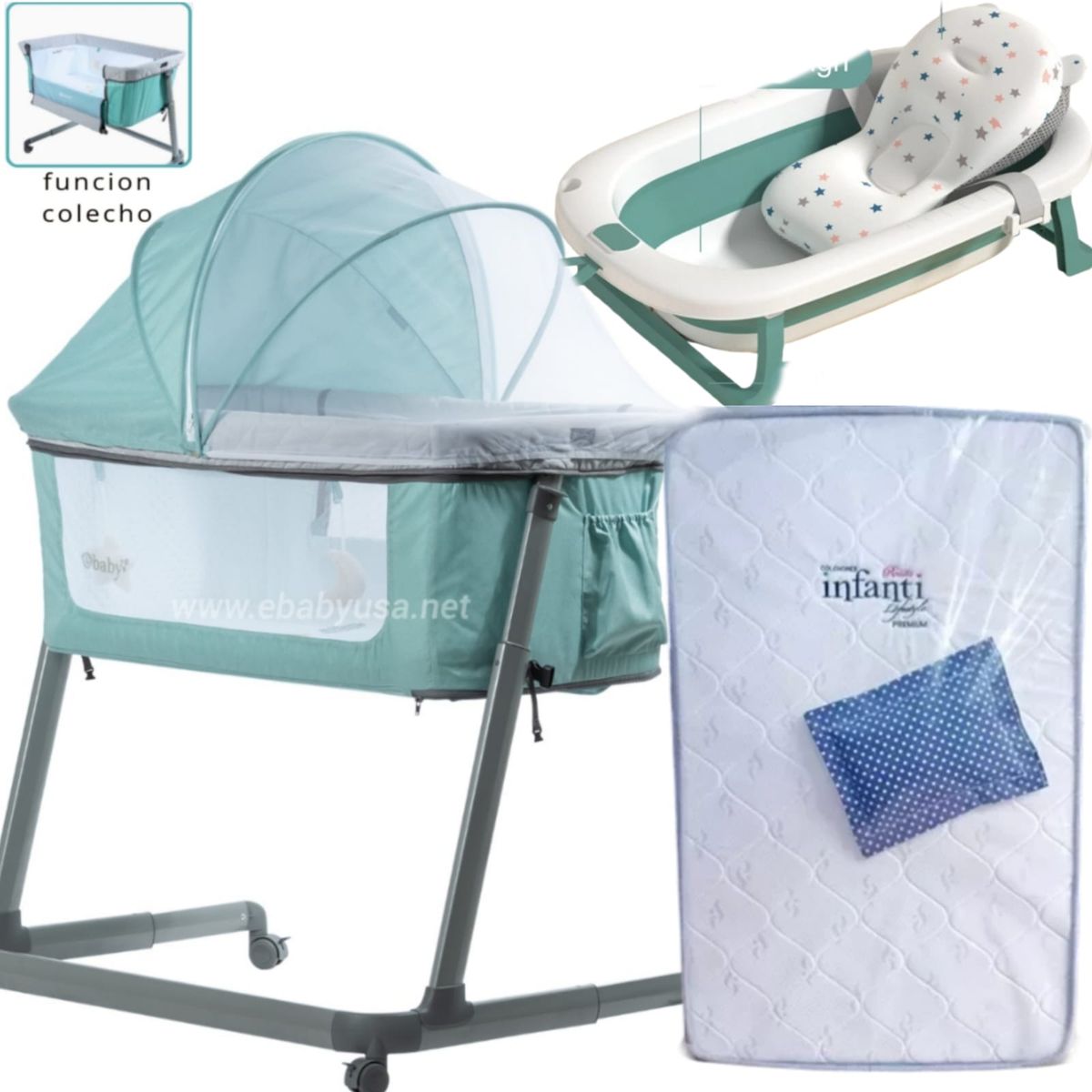 EBABY - Cuna Colecho MARION+ Colchón para cuna AZUL+ TINA VERDE