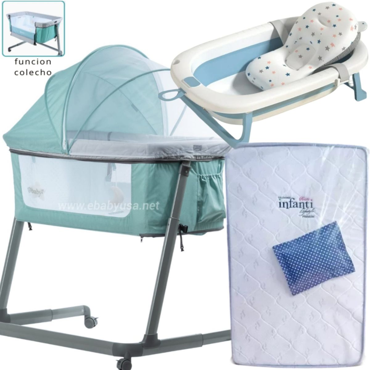 EBABY - Cuna Colecho MARION + Colchón para cuna AZUL+ TINA CELESTE