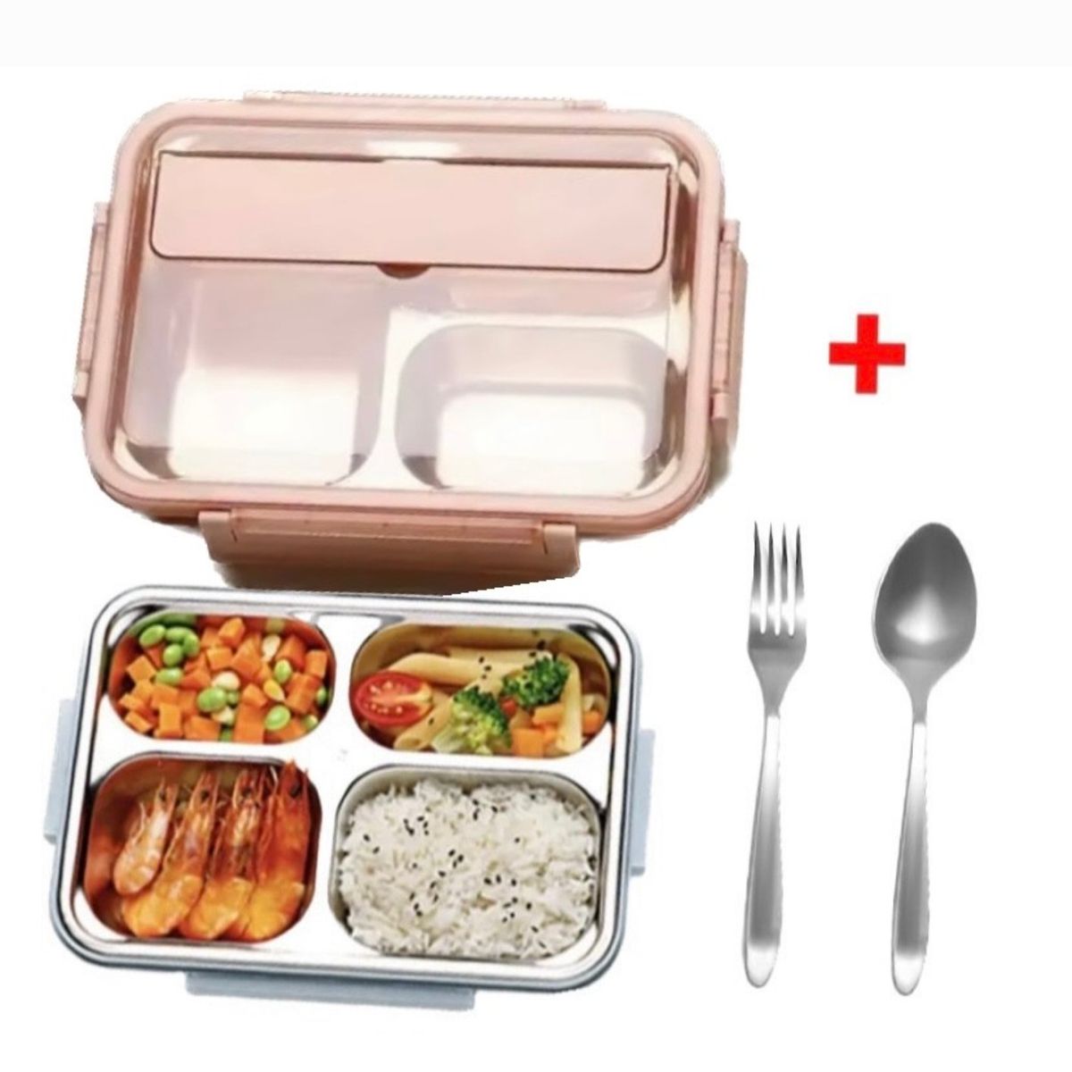 GENERICO - Lonchera Táper Fiambrera 4 Divisiones Ácero Inox con Cubiertos Rosado