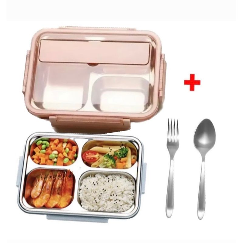 GENERICO - Lonchera Táper Fiambrera 4 Divisiones Ácero Inox con Cubiertos Rosado