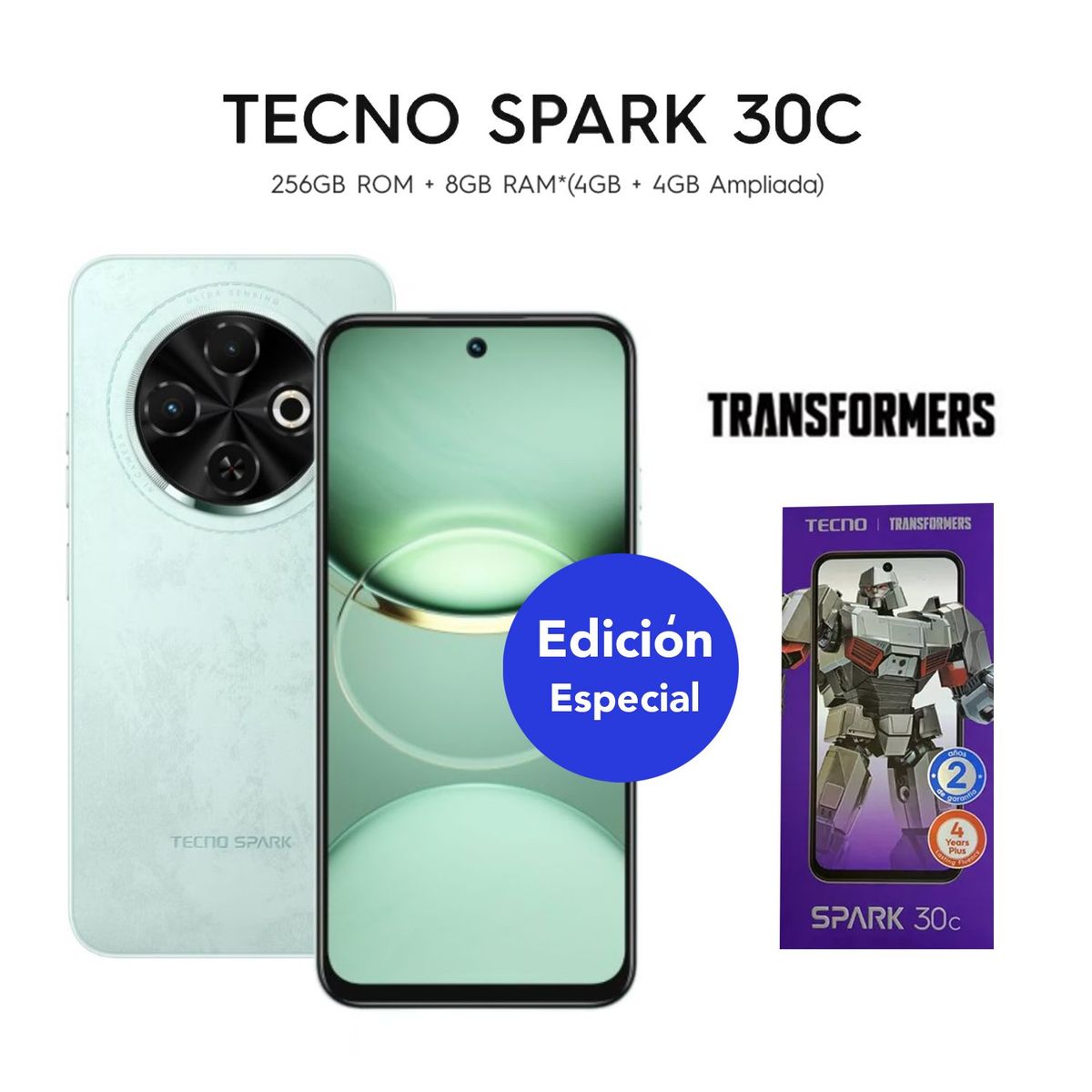 TECNO MOBILE - TECNO SPARK 30C 4+4GB RAM AMPLIADA 256GB EDICIÓN TRANSFORMERS COLOR VERDE CON ESTUCHE DE REGALO