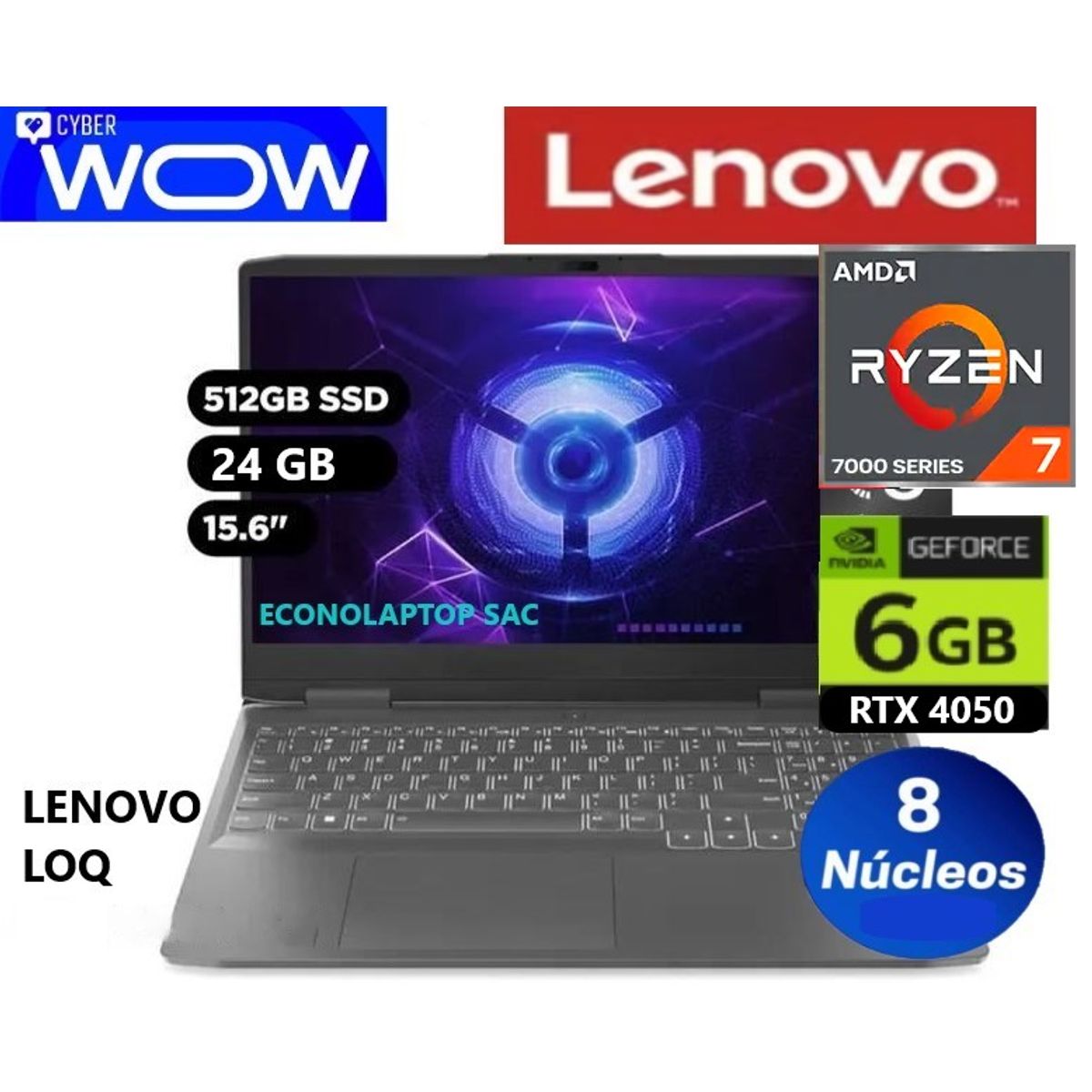 LENOVO - LENOVO LOQ 15ARP9, 15.6" FHD IPS, AMD RYZEN 7-7435HS 4.5 GHz, 24GB DDR5-4800 512GB SSD RTX 4050