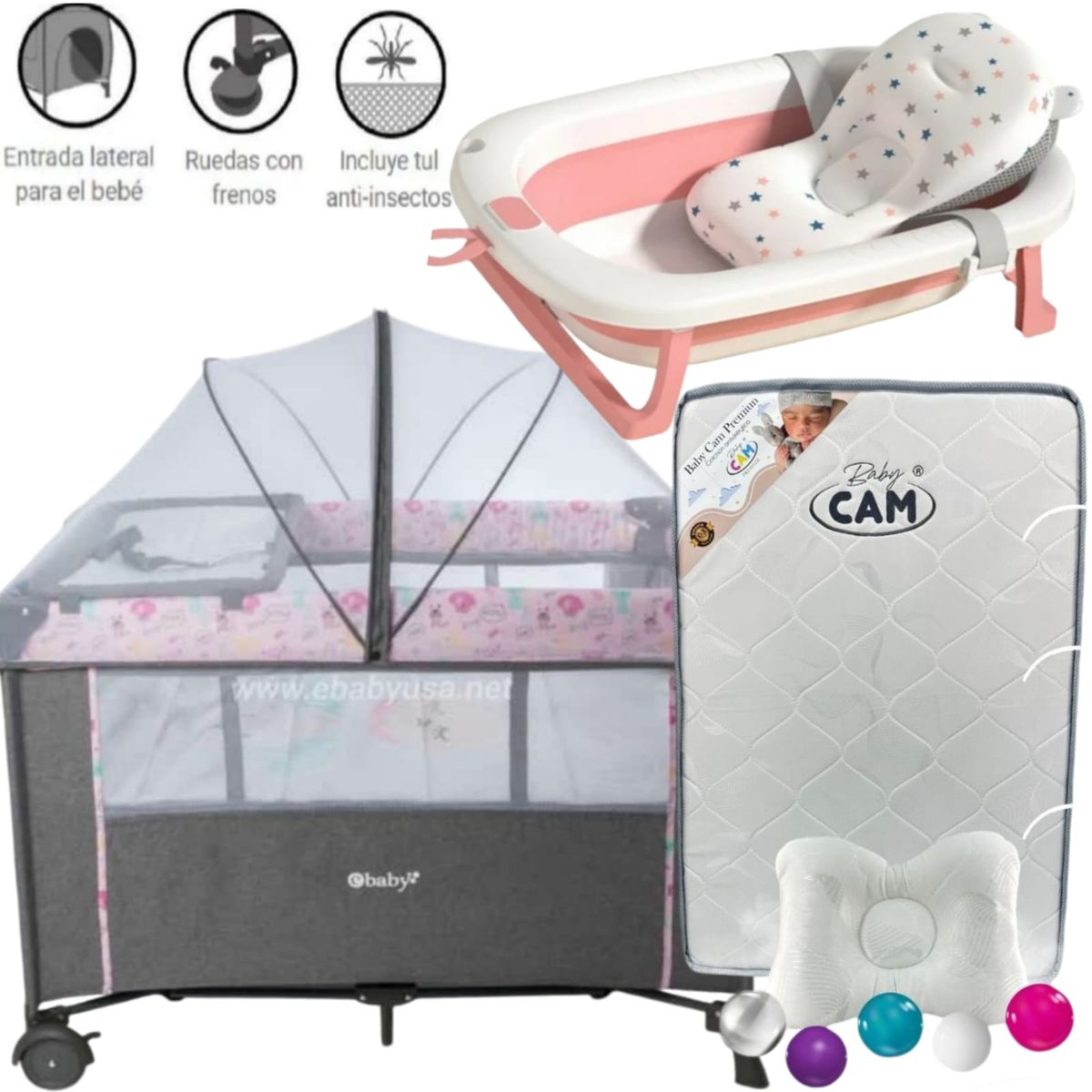 EBABY - Cuna Colecho NALA ROSA + Colchón PLOMO+ tina con cojín ROSA