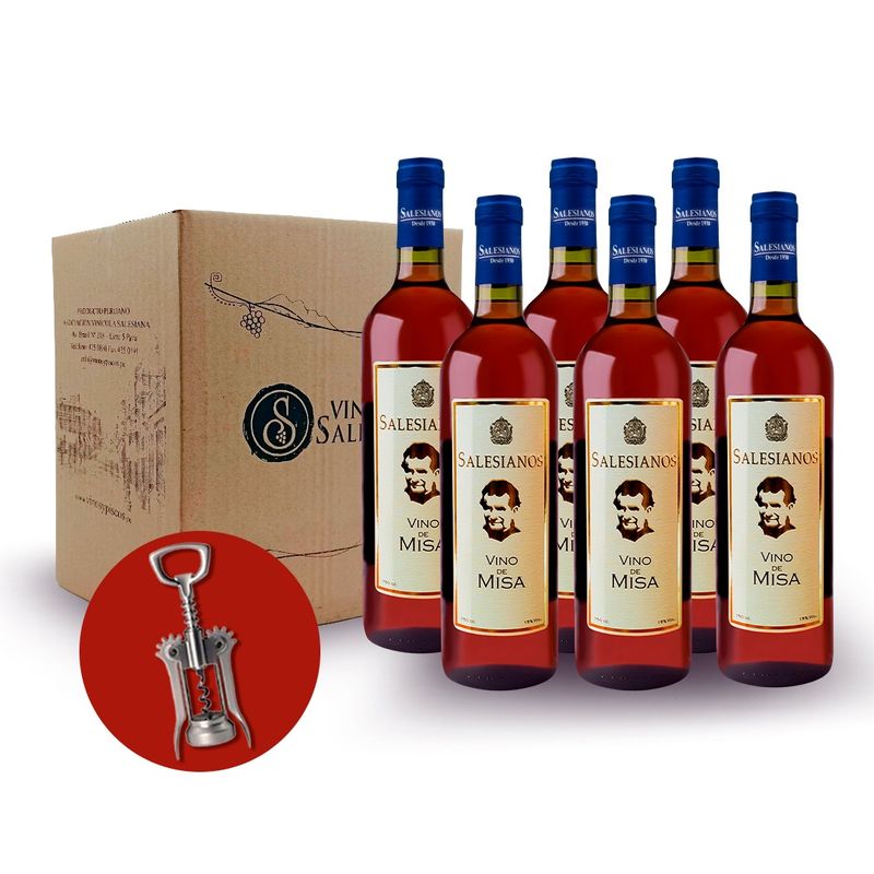 FRANCISCO DE SALES - 6 Vino de Misa X 750 cc + 1 Sacacorchos Metálico con doble engranaje Tipo Rosati