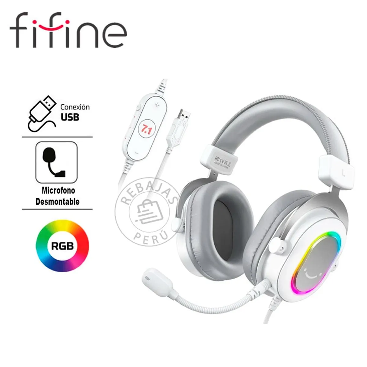 FIFINE - Audífonos Gamer Fifine H6  Sonido 7.1  Micrófono RGB USB-A Blanco