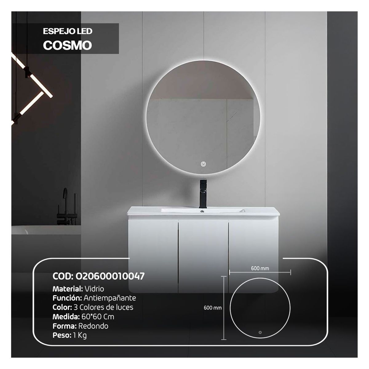STONE - ESPEJO REDONDO LED  TACTIL COSMO 60X60 CM  STONE