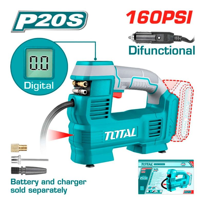 TOTAL TOOLS - COMPRESORA PORTATIL PARA AUTO 20V 160PSI