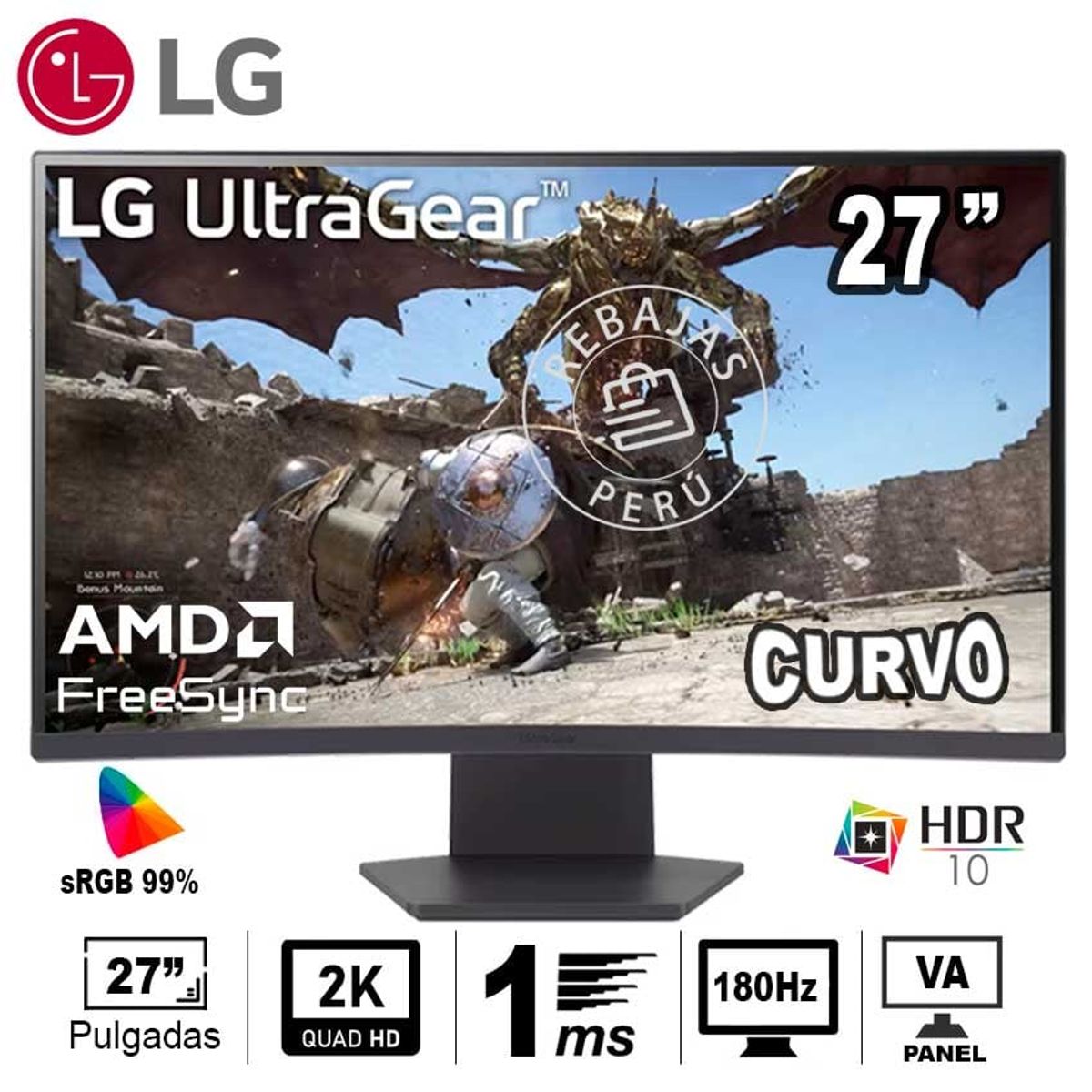 LG - Monitor LG 27GS60QC-B 27 Curvo QHD 180Hz 1ms FreeSync HDR10