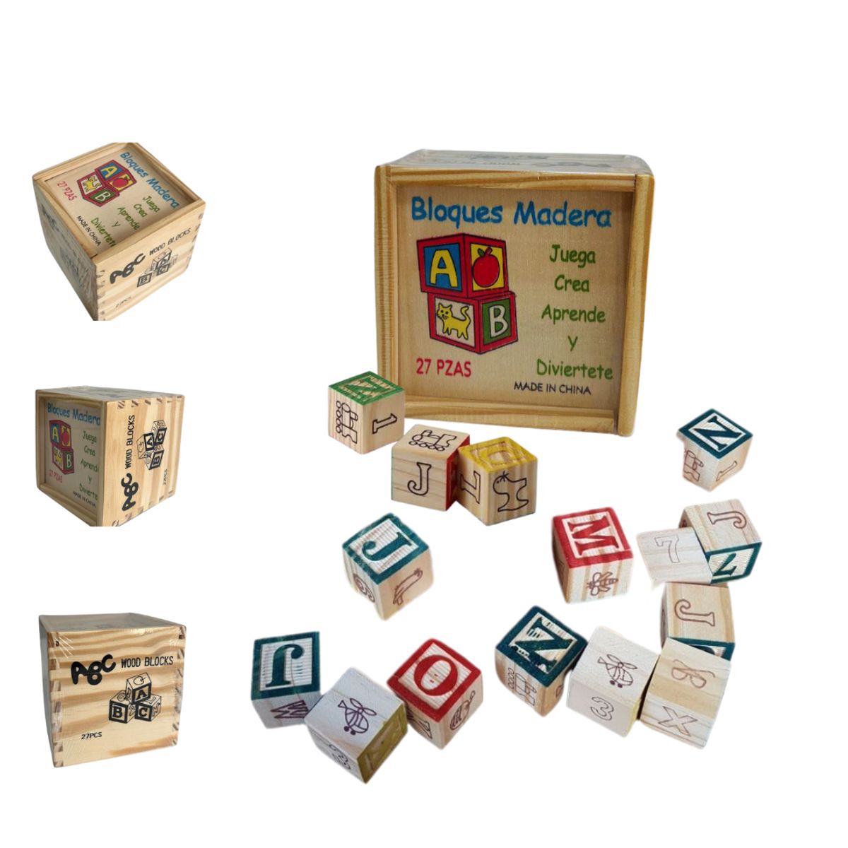 GENERICO - Set Didáctico Caja 27 Cubos Madera ABC para Niños