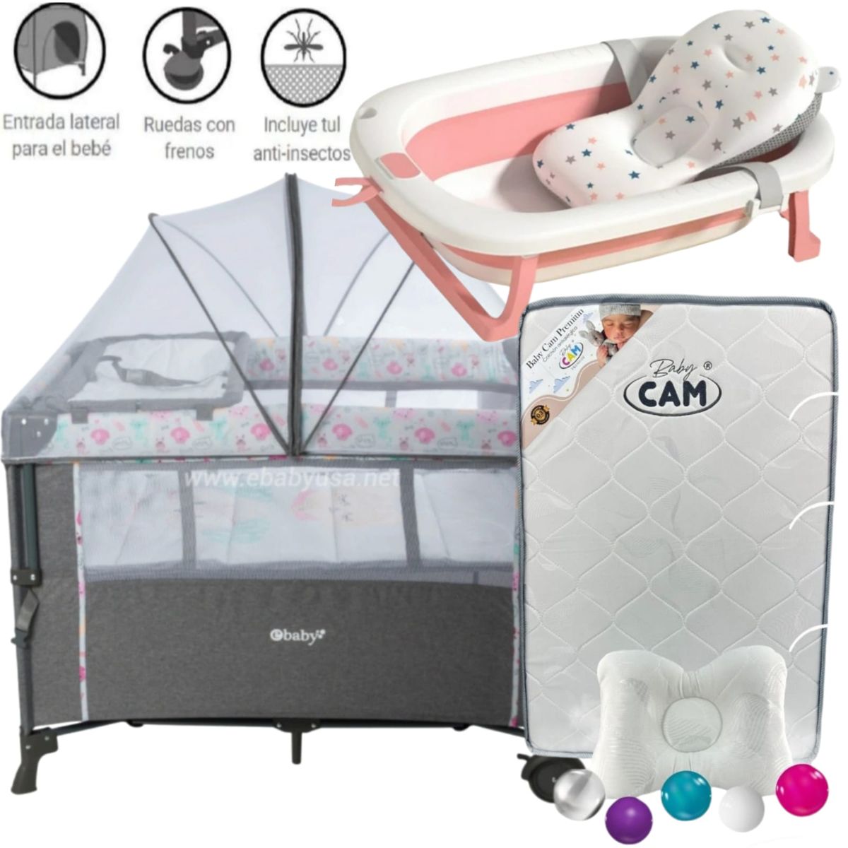 EBABY - Cuna Colecho NALA FUCSIA + Colchón PLOMO+tina con cojín ROSA