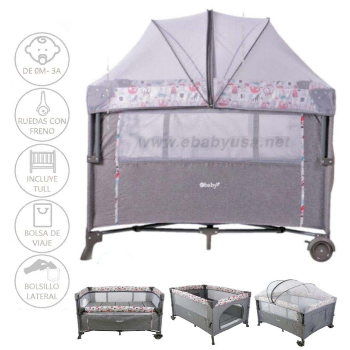EBABY - Cuna Colecho NALA FUCSIA + Colchón PLOMO+tina con cojín ROSA